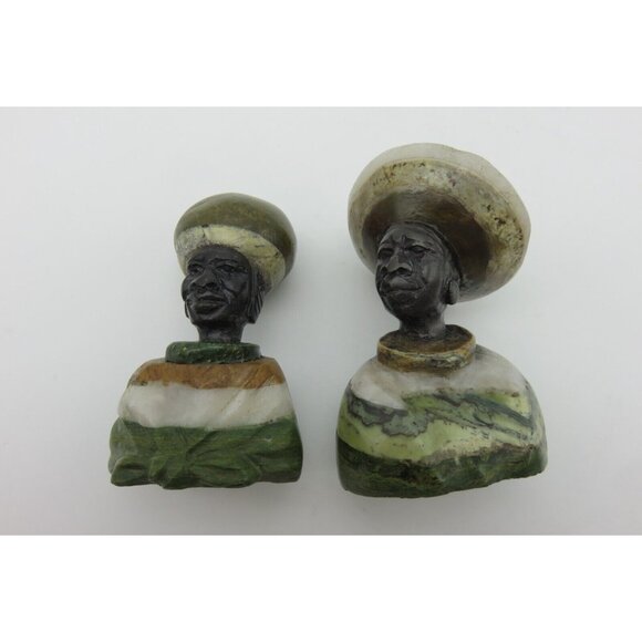 Small Stone Bust Set Colourful Hand Carved in Zimbabwe Africa 3.5" and 3.1" Tall - Picture 4 of 9